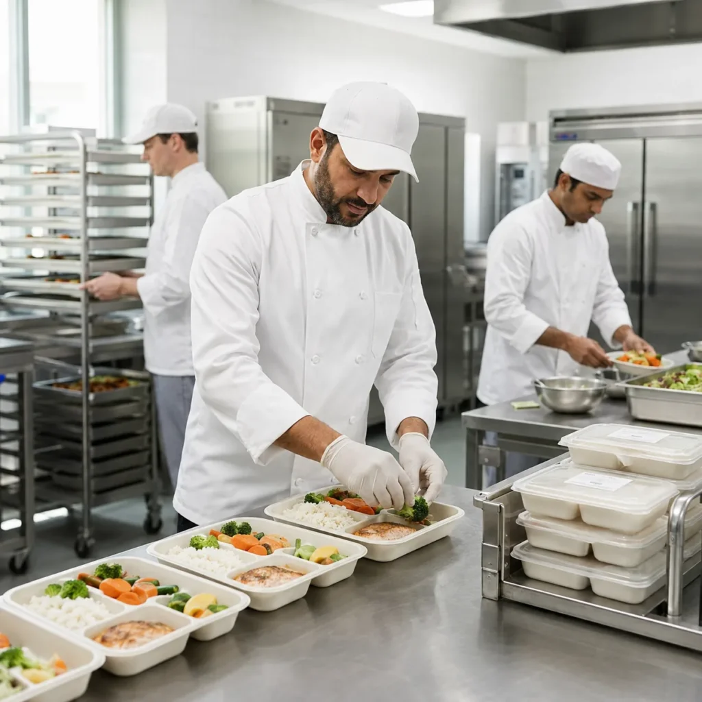 Chef in a white uniform packs balanced meal trays with vegetables and rice in a commercial kitchen.
